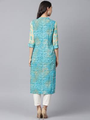 Shree Women Beige & Blue Rayon Printed Kurta 2