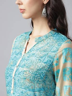 Shree Women Beige & Blue Rayon Printed Kurta 5