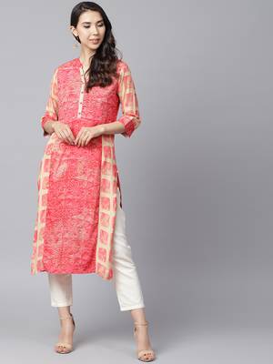 Shree Women Beige & Pink Rayon Printed Kurta 4
