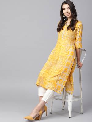 Shree Women Beige & Yellow Rayon Printed Kurta 1