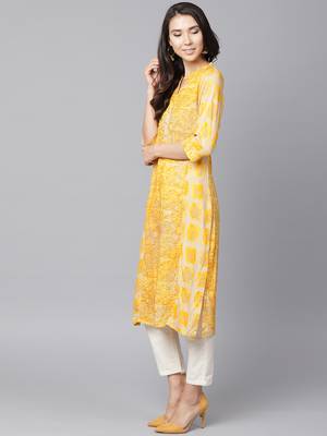 Shree Women Beige & Yellow Rayon Printed Kurta 3
