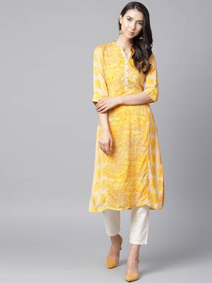 Shree Women Beige & Yellow Rayon Printed Kurta 4
