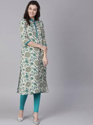 Shree Women Beige & Teal Rayon Printed Kurta 1