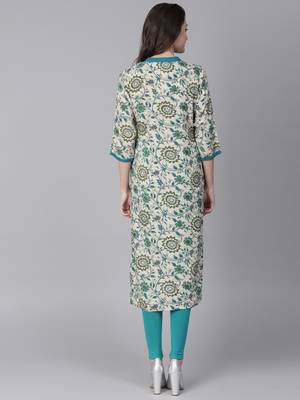 Shree Women Beige & Teal Rayon Printed Kurta 2