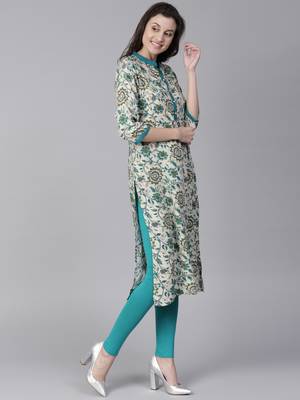 Shree Women Beige & Teal Rayon Printed Kurta 3