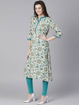 Shree Women Beige & Teal Rayon Printed Kurta 4