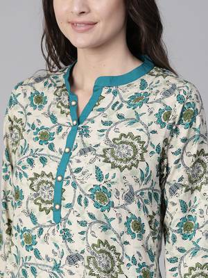 Shree Women Beige & Teal Rayon Printed Kurta 5