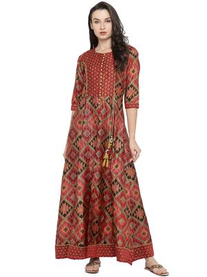 Shree Women Red Kanjivaram Silk Printed Kurta 1