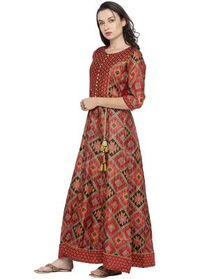 Shree Women Red Kanjivaram Silk Printed Kurta 3