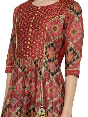 Shree Women Red Kanjivaram Silk Printed Kurta 4