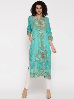 Shree Women Turquoise  Rayon Embellished Kurta 1