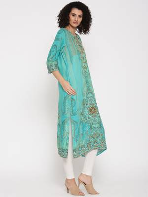 Shree Women Turquoise  Rayon Embellished Kurta 3