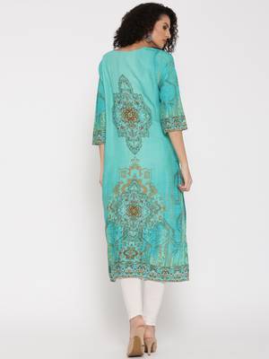 Shree Women Turquoise  Rayon Embellished Kurta 4