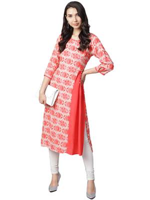 Shree Women Coral Red & Beige Rayon Floral Kurta 1