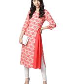 Shree Women Coral Red & Beige Rayon Floral Kurta