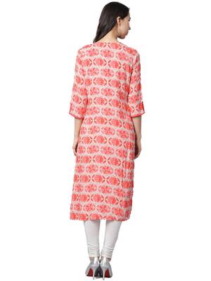 Shree Women Coral Red & Beige Rayon Floral Kurta 2