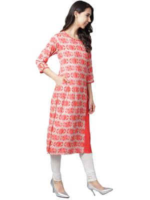 Shree Women Coral Red & Beige Rayon Floral Kurta 3
