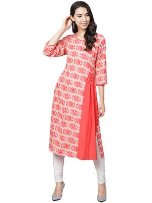 Shree Women Coral Red & Beige Rayon Floral Kurta 4
