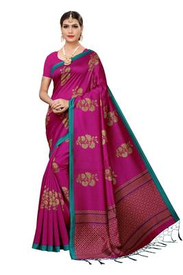 Pink printed art silk saree with blouse 1