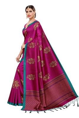 Pink printed art silk saree with blouse 4