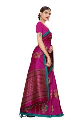 Pink printed art silk saree with blouse 5