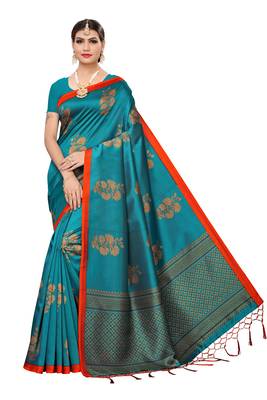 Teal printed art silk saree with blouse 1