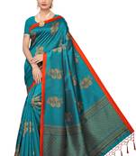 Teal printed art silk saree with blouse