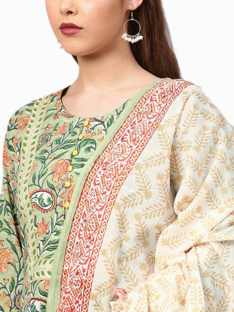 Shree Women Green & Beige Cotton Floral Kurta Set With Dupatta Shree
