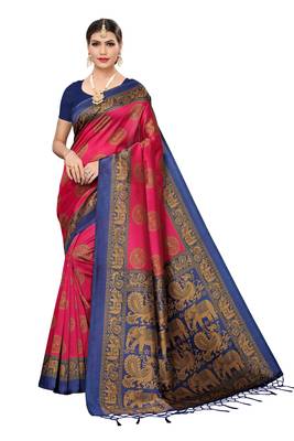 Pink printed art silk saree with blouse 1