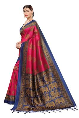 Pink printed art silk saree with blouse 4