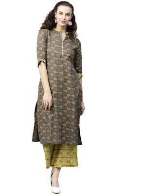 Shree Women Brown & Corn Yellow Cotton Printed Kurta Set 1