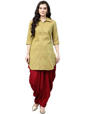 Shree Women Mehendi Green & Maroon Dupion  Solid Kurta Set 1