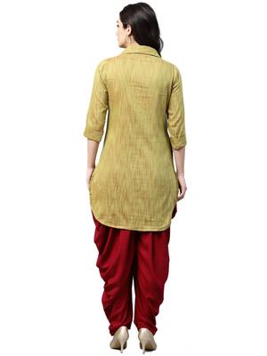 Shree Women Mehendi Green & Maroon Dupion  Solid Kurta Set 2