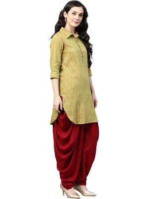 Shree Women Mehendi Green & Maroon Dupion  Solid Kurta Set 3