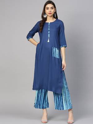 Shree Women Blue Rayon  Solid Kurta Set 1