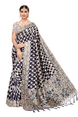 Navy blue printed art silk saree with blouse 1