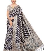 Navy blue printed art silk saree with blouse