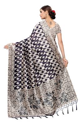Navy blue printed art silk saree with blouse 2