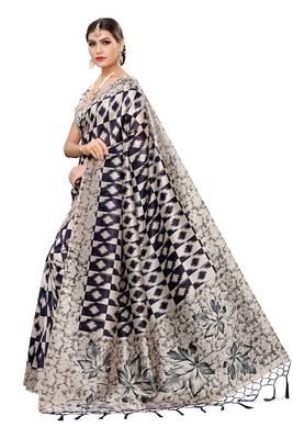 Navy blue printed art silk saree with blouse 4