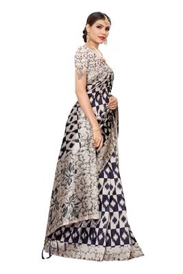 Navy blue printed art silk saree with blouse 5