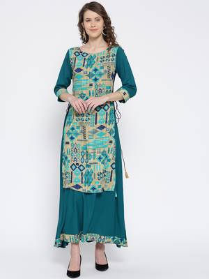 Shree Women Beige & Teal Rayon Printed Dress 1