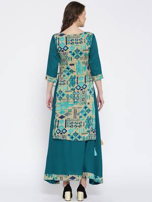 Shree Women Beige & Teal Rayon Printed Dress 2
