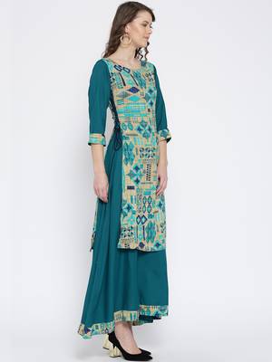 Shree Women Beige & Teal Rayon Printed Dress 3
