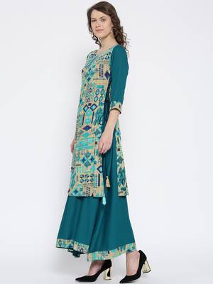 Shree Women Beige & Teal Rayon Printed Dress 4