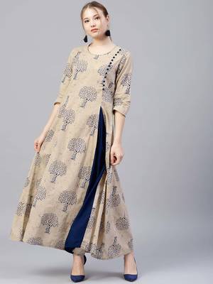 Shree Women Beige & Blue Cotton Printed Dress 1