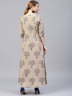 Shree Women Beige & Blue Cotton Printed Dress 2