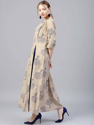 Shree Women Beige & Blue Cotton Printed Dress 3