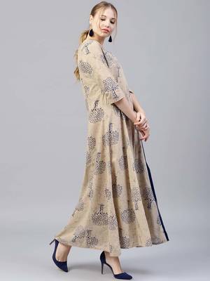 Shree Women Beige & Blue Cotton Printed Dress 4