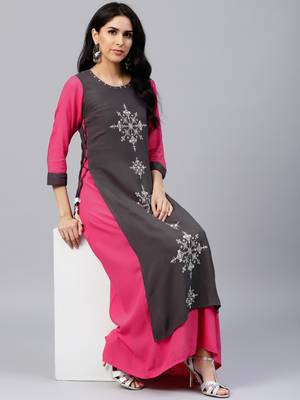 Shree Women Grey & Mustard Rayon Printed Dress 1