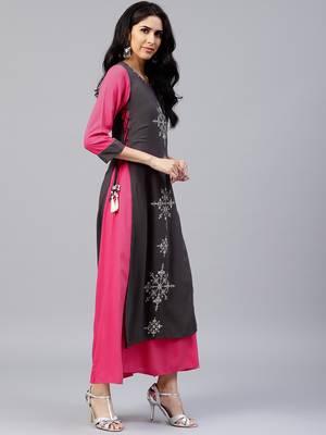 Shree Women Grey & Mustard Rayon Printed Dress 3